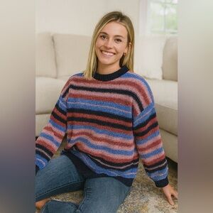 Woven Heart Women's Striped Sweater in Red, Blue, and Black